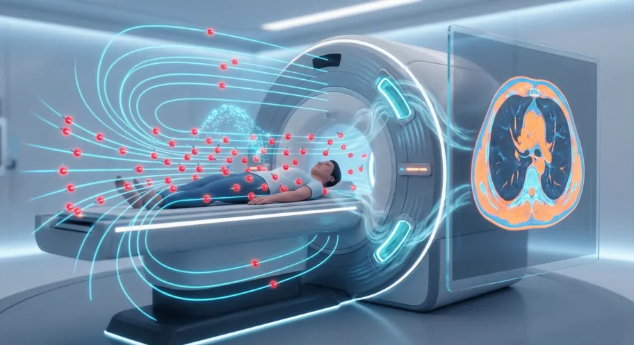 MRI scanner with a patient inside, exploiting the spin of hydrogen nuclei to image soft tissue