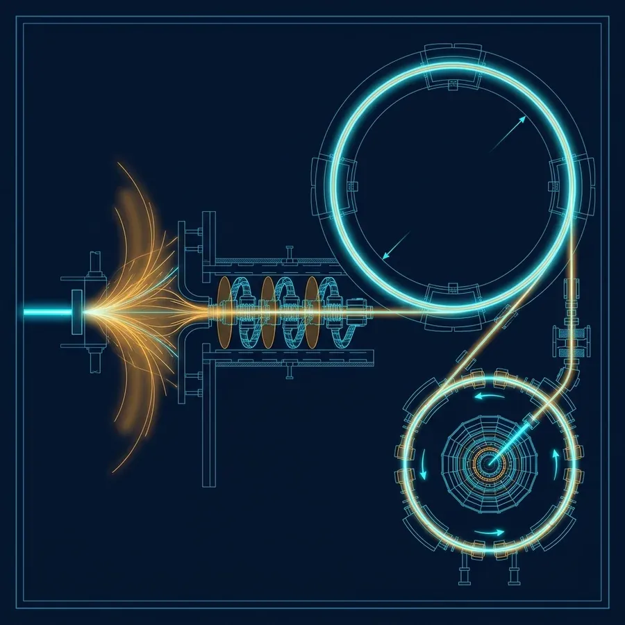 Schematic of a future muon collider showing proton driver, target, cooling channel, acceleration ring, and collision point