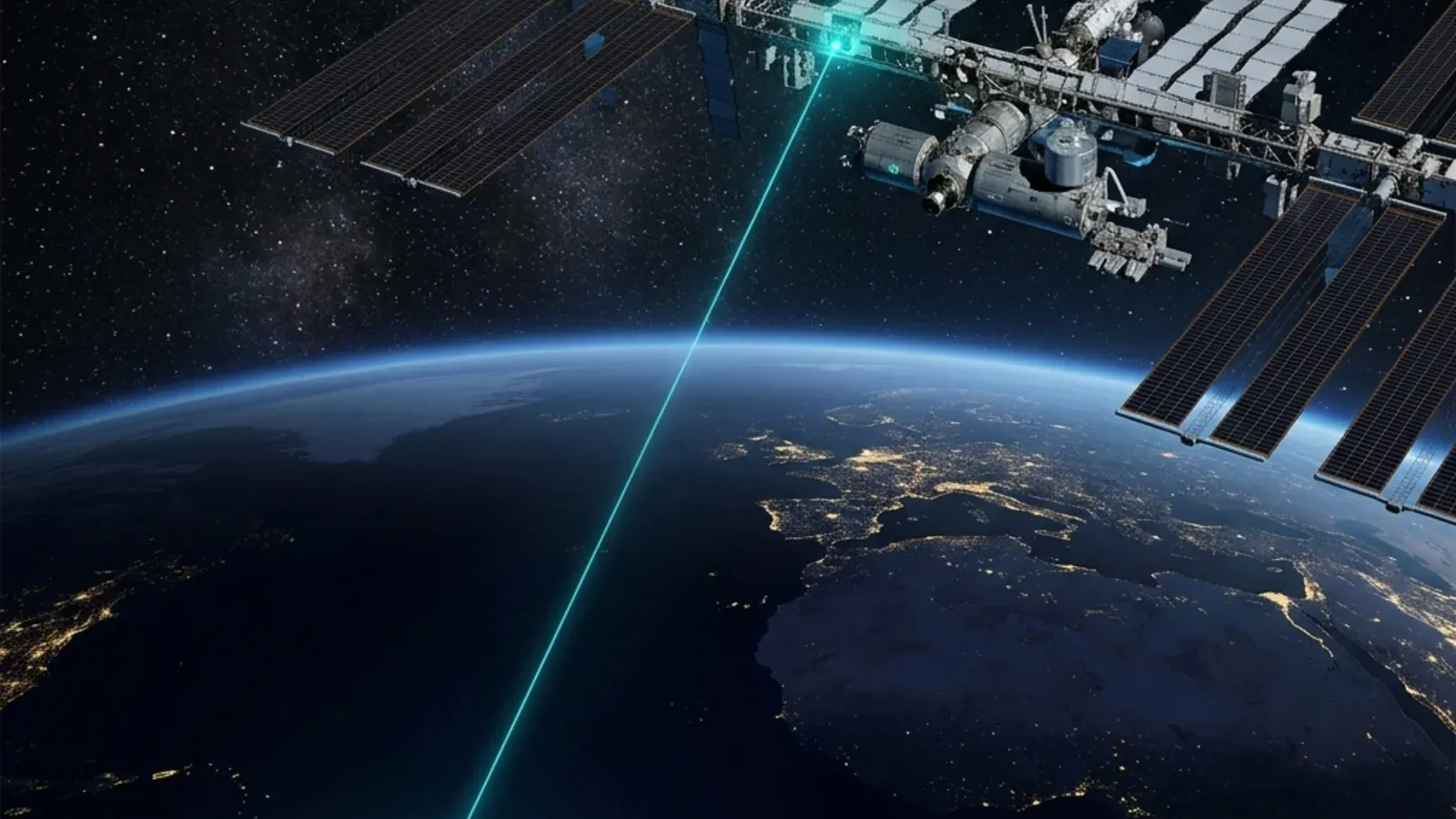 The International Space Station with the ACES payload visible on the Columbus module, with a laser link to a ground-based clock on Earth