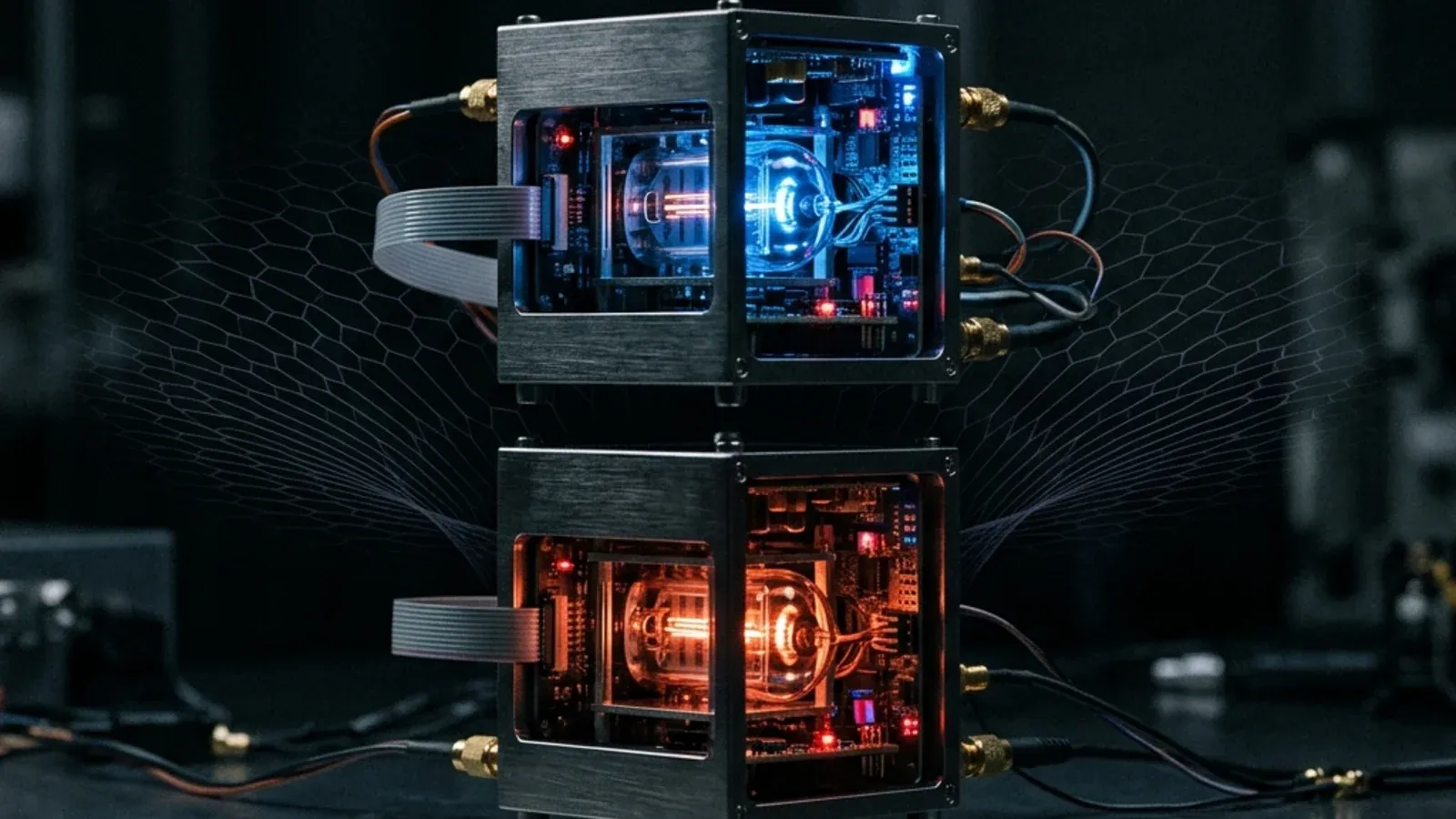 Two identical atomic clocks separated by about one centimeter inside a lab, with the lower one running slightly slower due to gravity