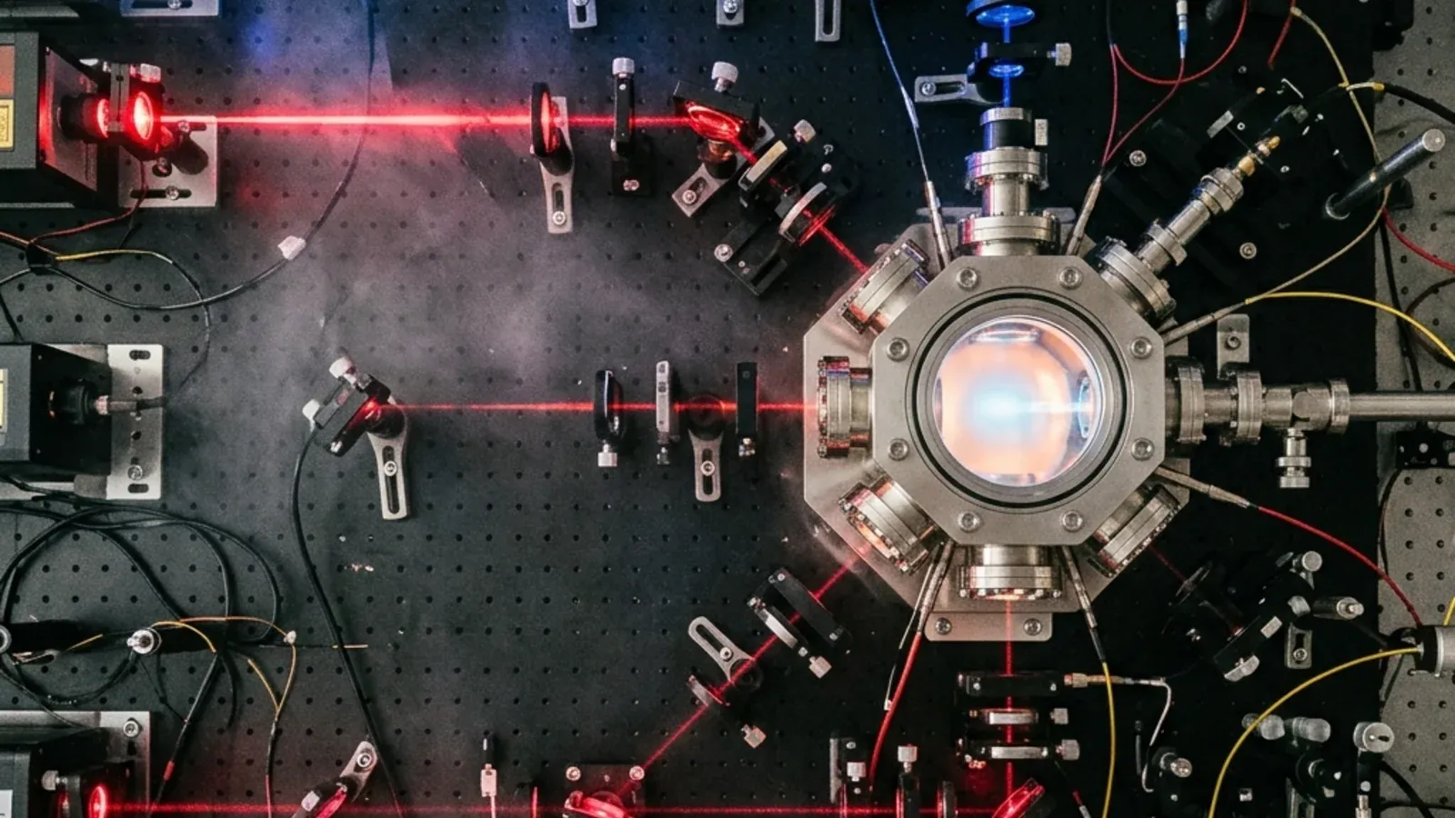 Photographic-style view of the JILA strontium lattice clock setup with multi-colored lasers on a vibration-isolated optical table
