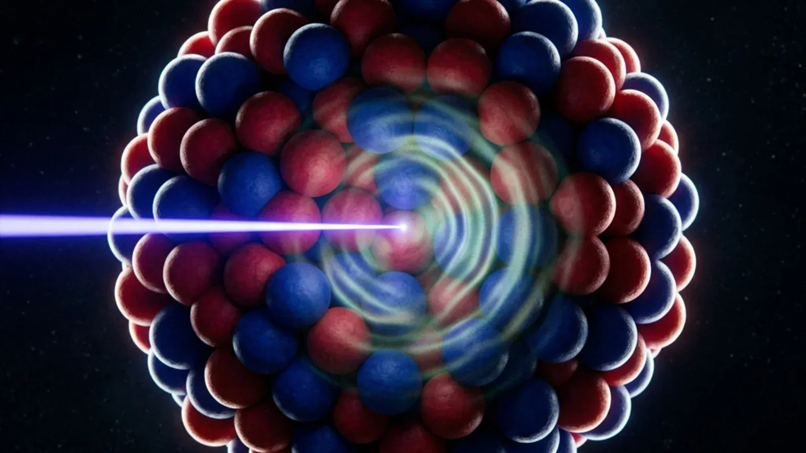 A thorium-229 nucleus rendered as a cluster of protons and neutrons, with an ultraviolet photon exciting it to a slightly different internal configuration