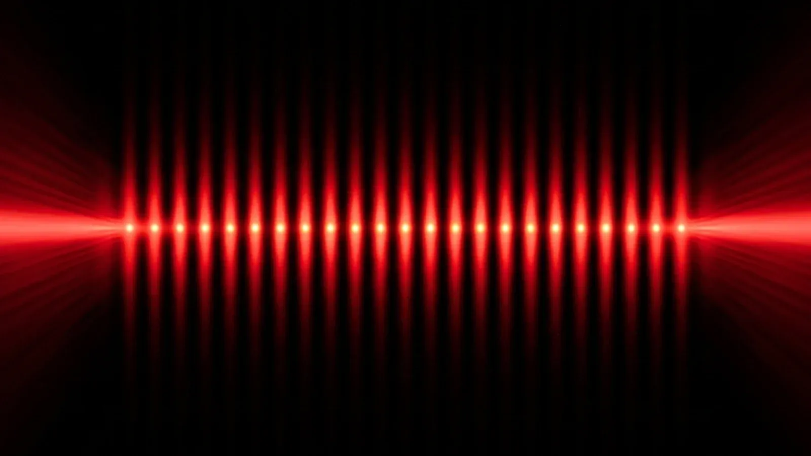 Two counter-propagating laser beams forming a standing wave that traps individual atoms in a regular grid of bright wells