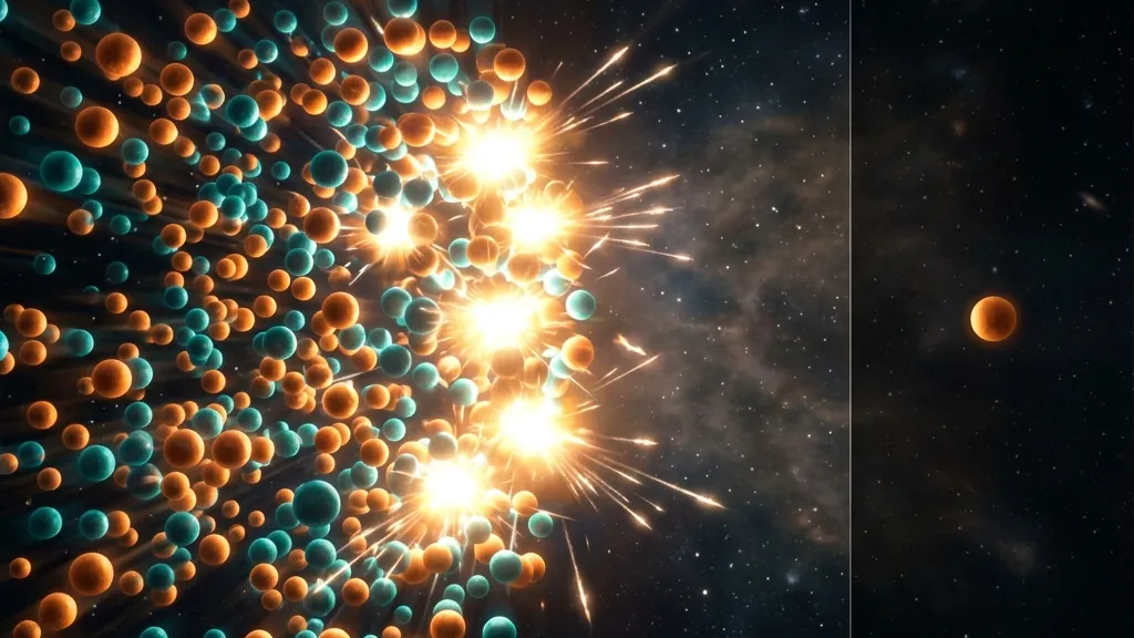 A vast swarm of matter and antimatter particles annihilating into photon flashes, with a single lone matter particle surviving on the right side