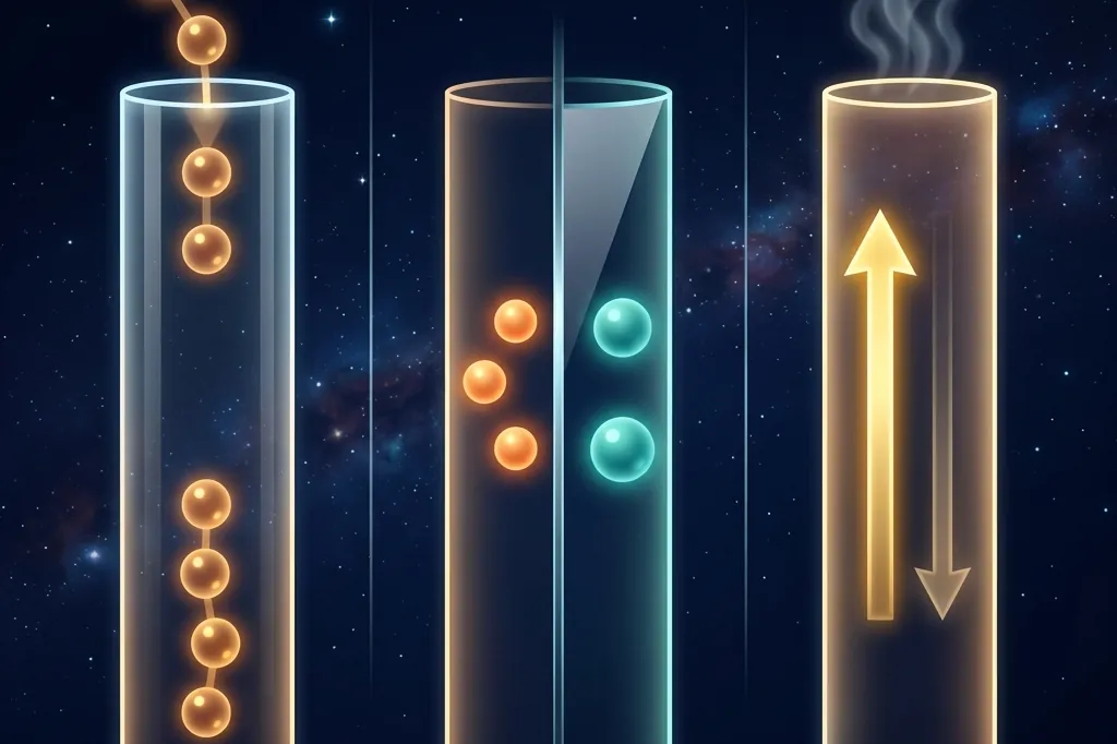 Three vertical pillars representing the Sakharov conditions: baryon number violation, CP violation, and departure from thermal equilibrium