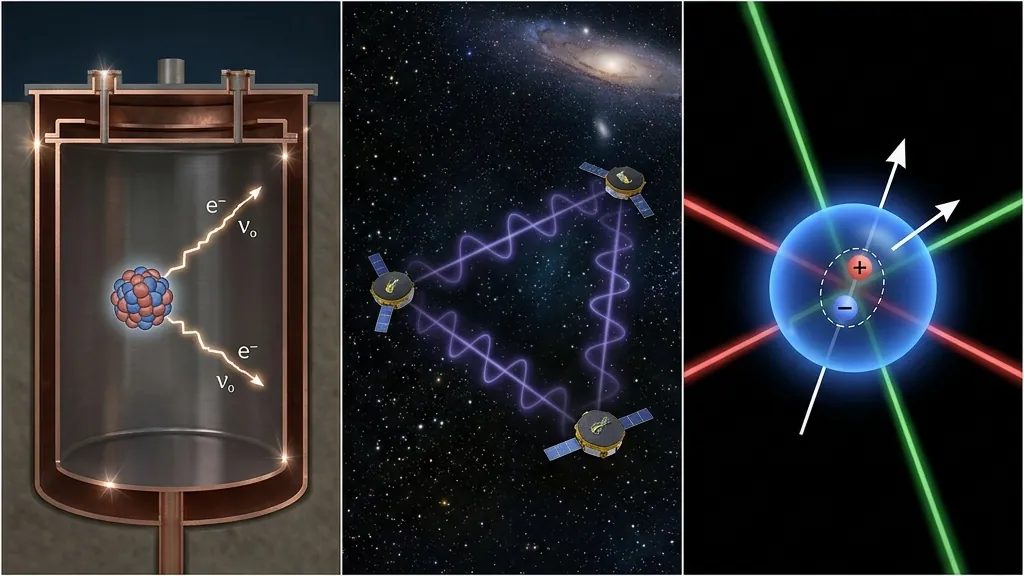 Three experimental signatures side by side: neutrinoless double beta decay detector, LISA gravitational wave spacecraft, and an electron EDM measurement setup