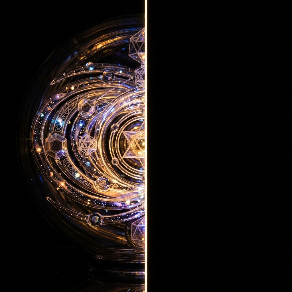 An immense intricate glass sculpture of a galaxy and nested geometric structures glowing warmly, standing against an absolute featureless black void that occupies half the frame, with a thin luminous boundary line separating existence from nothing