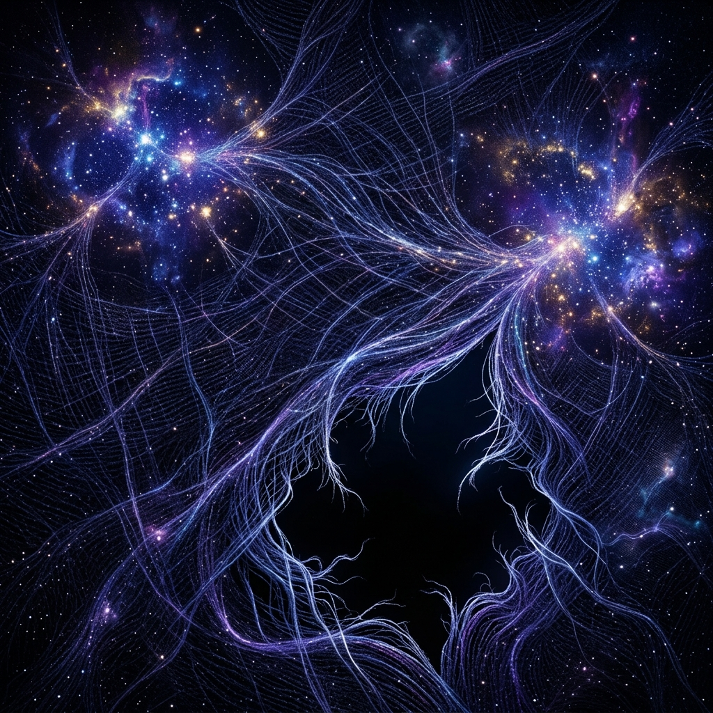 A sheet of space fabric woven from thousands of luminous threads, with two glowing regions connected by strands of light - between them one area where the threads have been cut and the fabric visibly tears apart into darkness