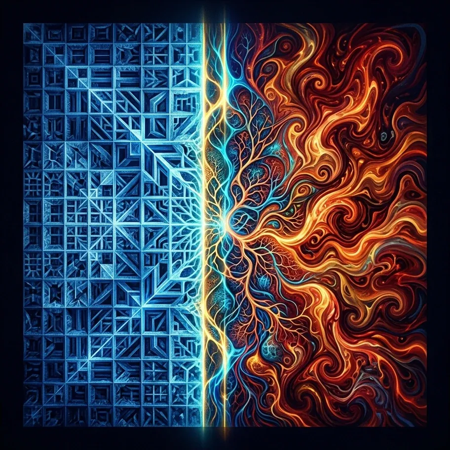Abstract visualization of order-chaos boundary with crystalline structure on one side transitioning to turbulent swirls on the other with a glowing fertile zone between