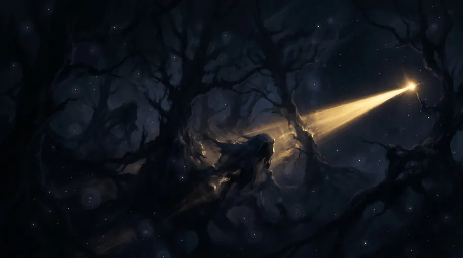 Dark cosmic forest with faint silhouettes of civilizations hiding among stars, one carelessly emitting a beacon of light