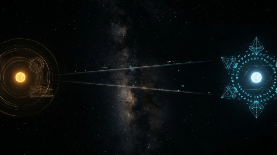 Two distant star systems analyzing each other's signals across vast interstellar distance