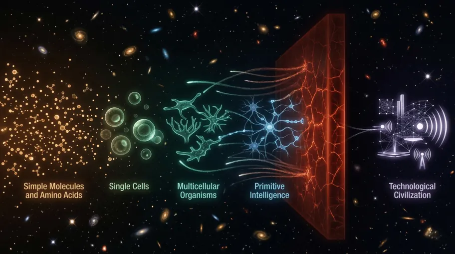 Progression from simple chemistry to spacefaring civilization with a barrier blocking most paths