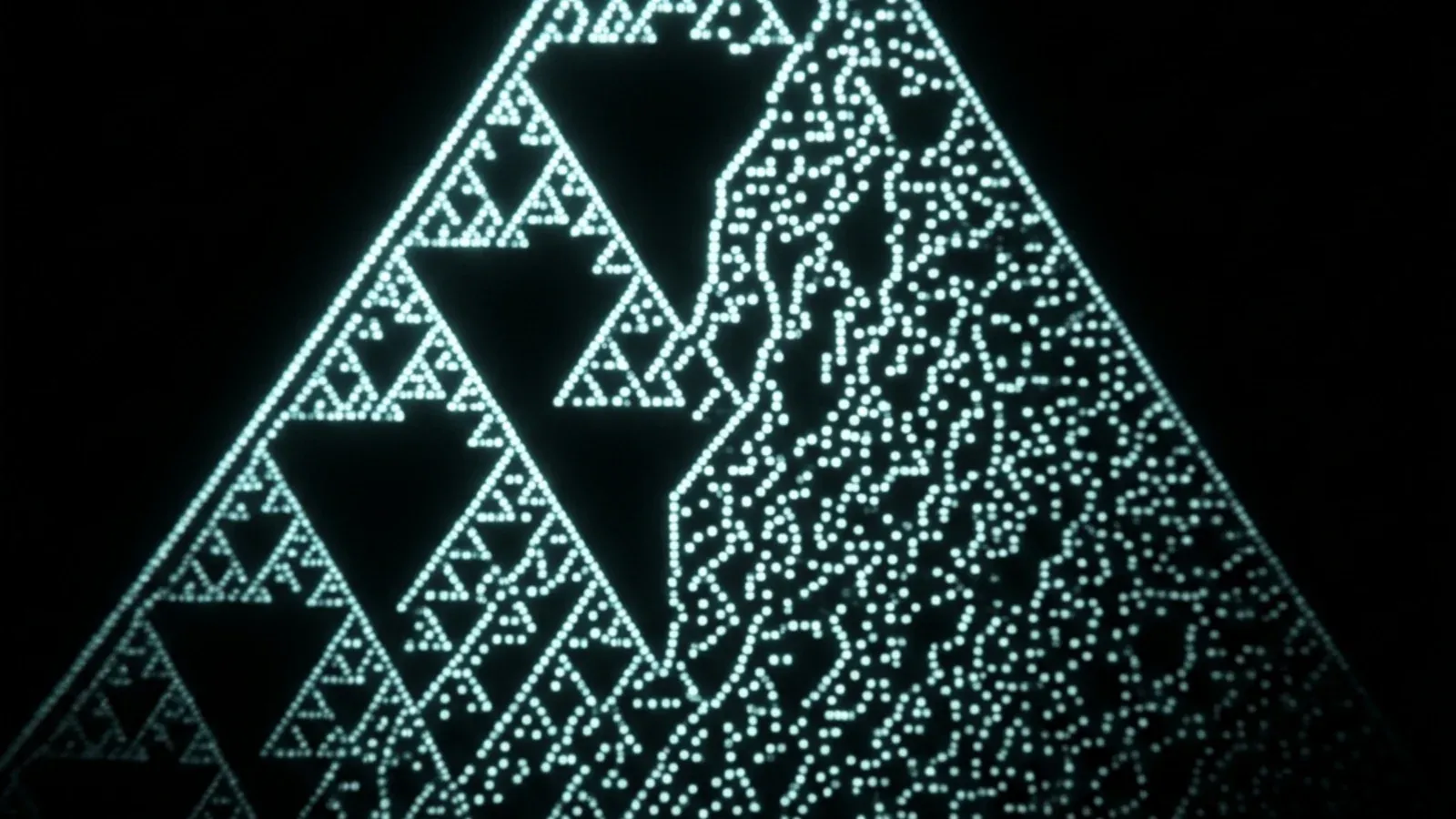 A cellular automaton evolution: a black background with a triangular fractal-like pattern of glowing cyan cells, formed by repeatedly applying a single simple rule to each row to generate the next, showing how complexity emerges from minimal local interactions