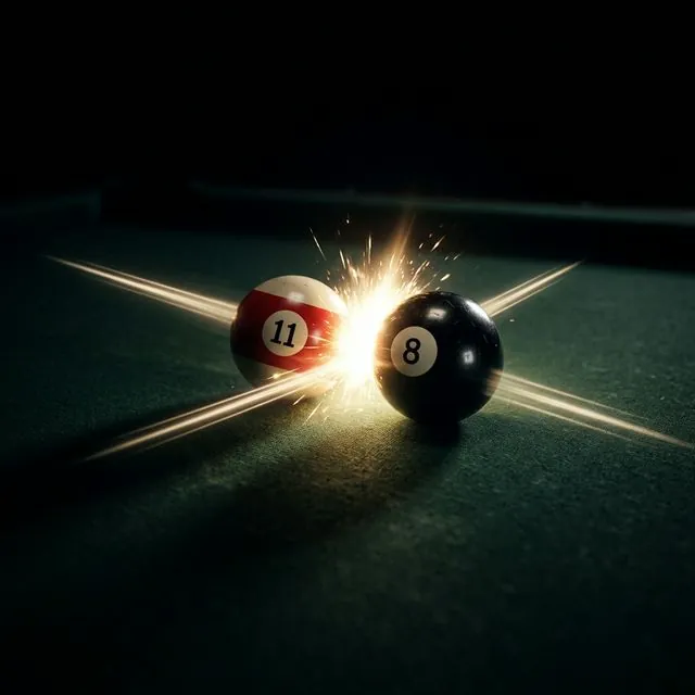 Two billiard balls colliding, momentum vectors shown before and after impact
