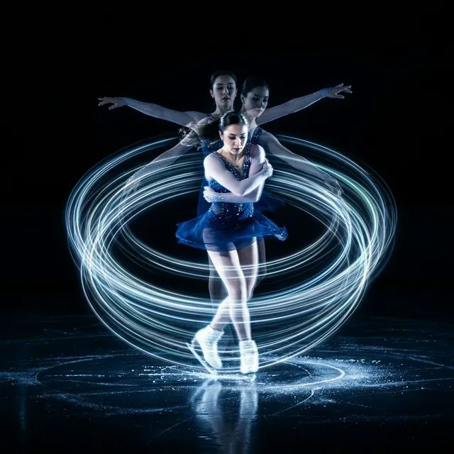 Ice skater spinning with arms pulled inward, rotation speed increasing