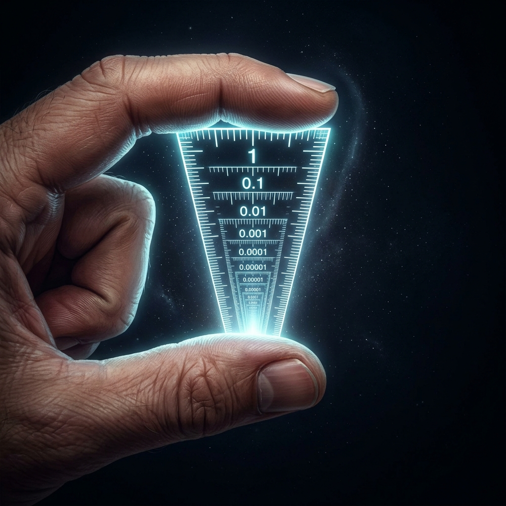 A human thumb and forefinger held a small gap apart against darkness, and inside the gap a luminous cascade of ever-finer nested ruler markings descending like an infinite zoom, each level revealing more glowing subdivisions than the last, falling away into a bright bottomless depth