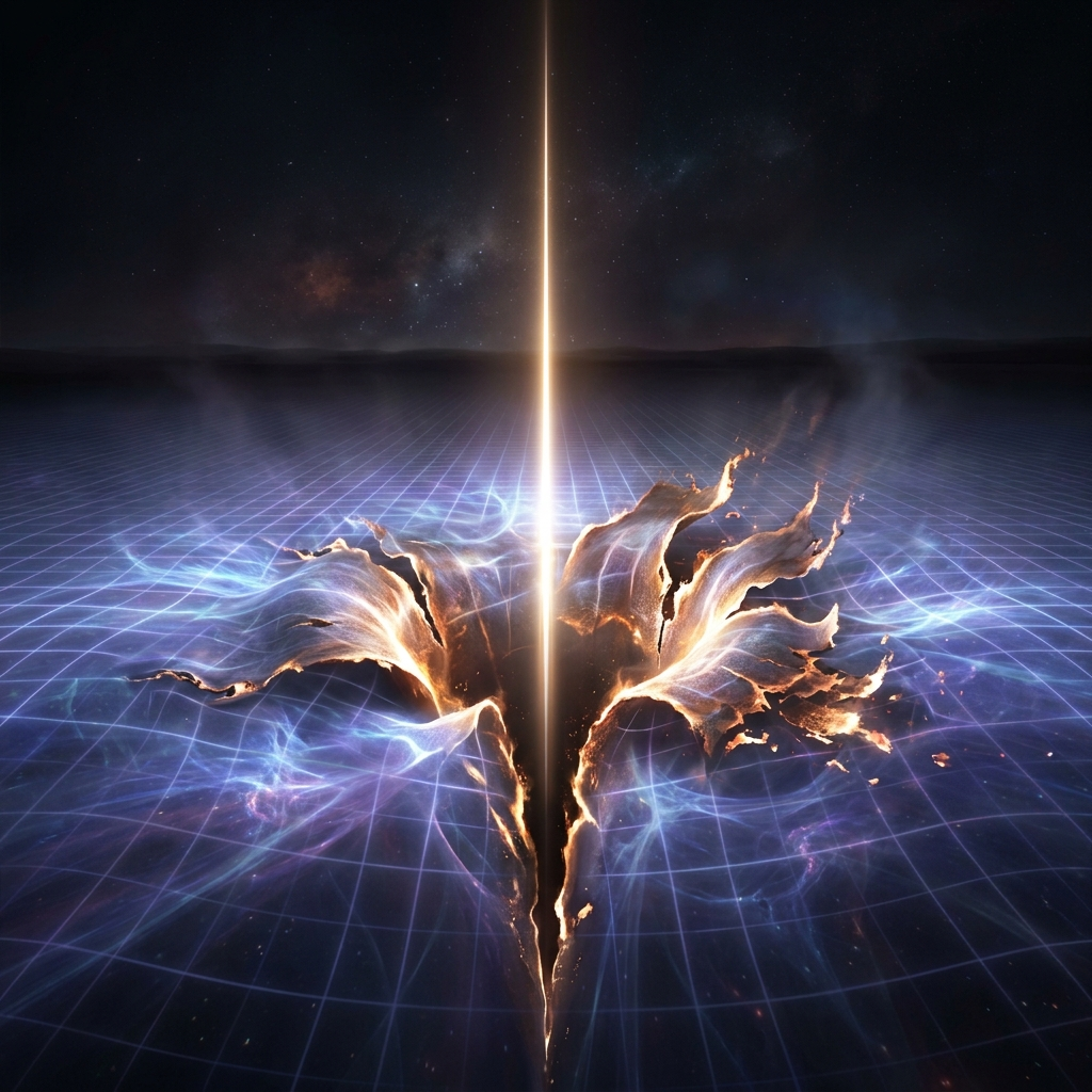 A vast smooth sheet of softly glowing spacetime fabric stretching to the horizon, punctured in one place by an impossibly thin needle of blinding light plunging downward without end, the fabric around the puncture tearing and curling upward like burning paper