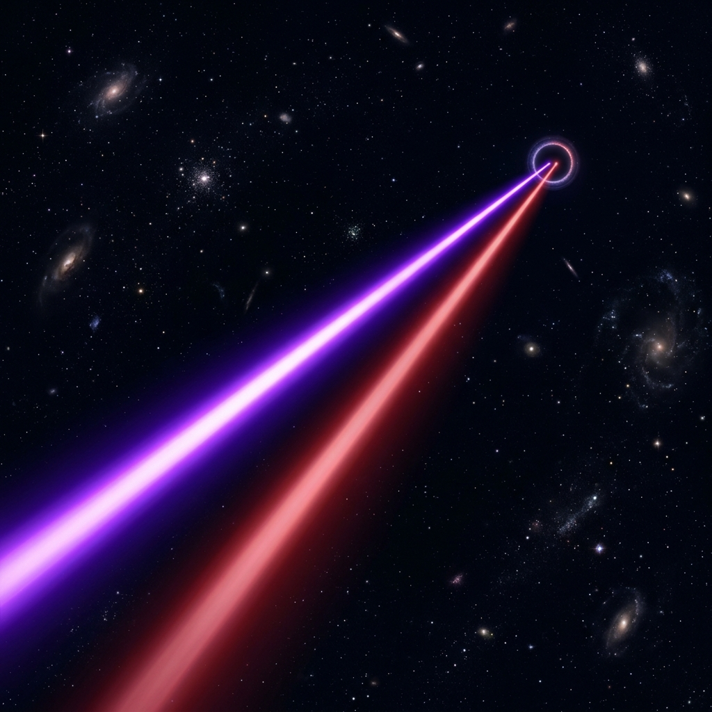 Two beams of light, one violet and fierce, one deep red and gentle, racing side by side across an immense dark cosmos past galaxies and nebulae toward a distant detector ring, arriving in a perfect dead heat with their wavefronts exactly level