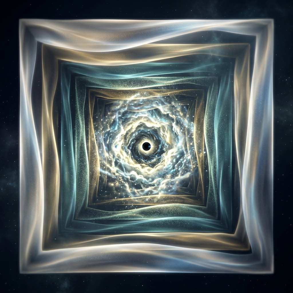 A vertiginous zoom dive rendered as nested translucent frames plunging toward the infinitesimal, the outermost frames smooth glowing fabric, the middle frames beginning to shimmer and grain, and the innermost frame dissolving into a roiling luminous foam of disconnected sparks around a tiny black sphere