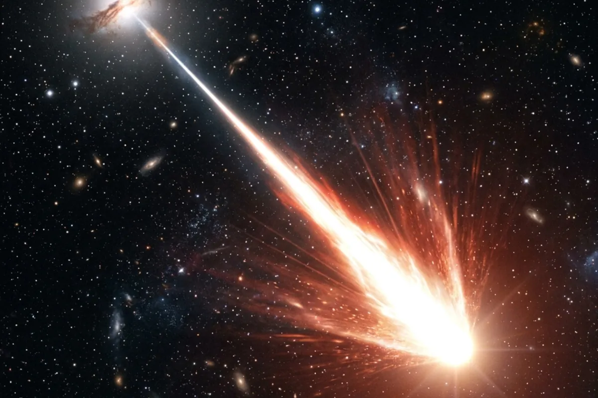 A single ultra-high-energy cosmic ray particle streaking through deep space with an intense glow