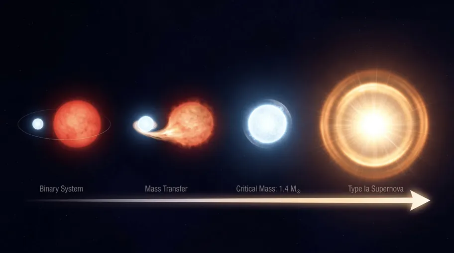 Type Ia supernova: white dwarf reaching critical mass and detonating as a standard candle