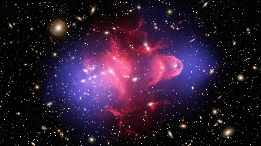 Bullet Cluster Showing Separation of Visible Matter and Dark Matter After Galaxy Collision