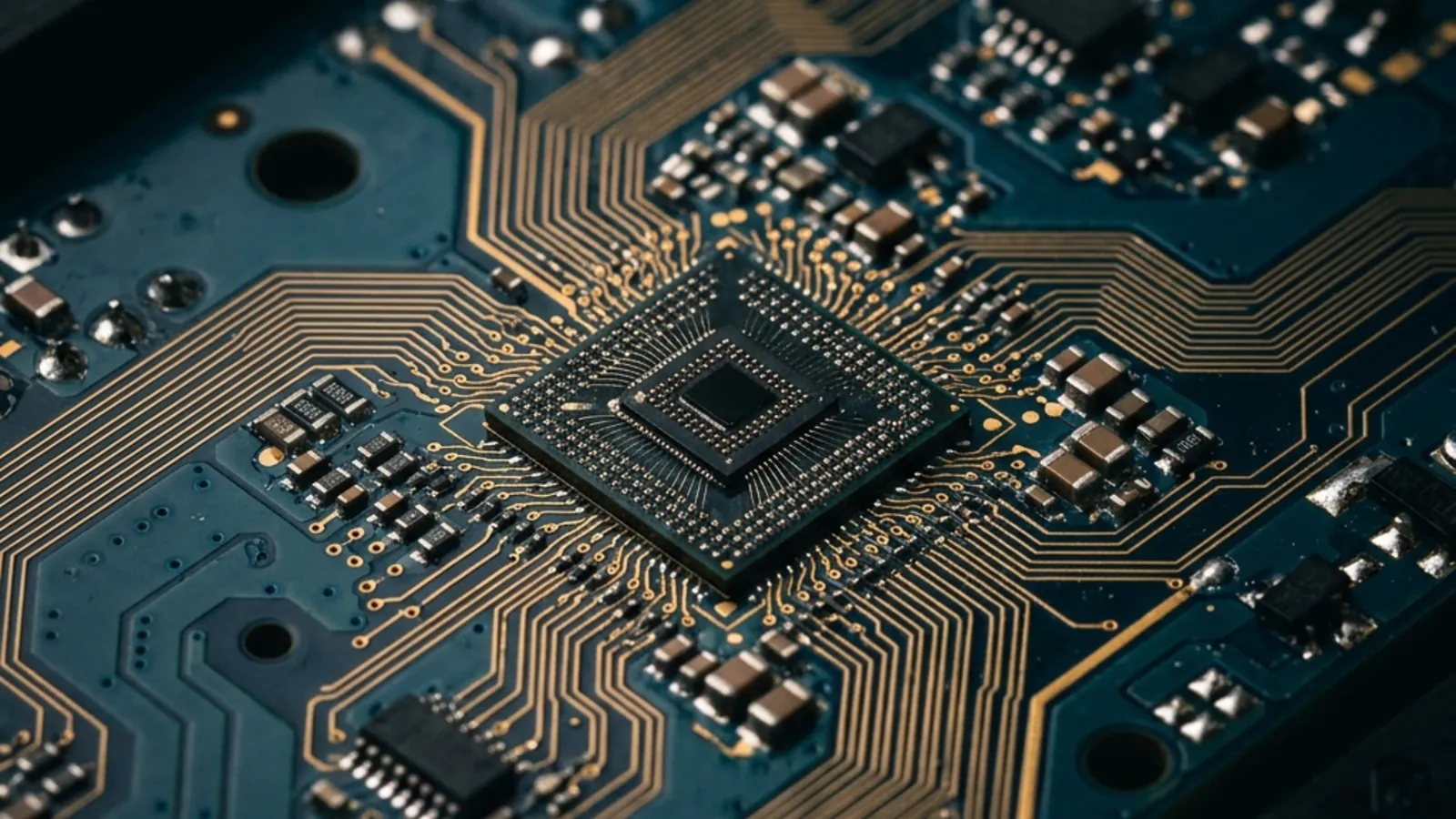 Macro view of a printed circuit board with copper traces and components