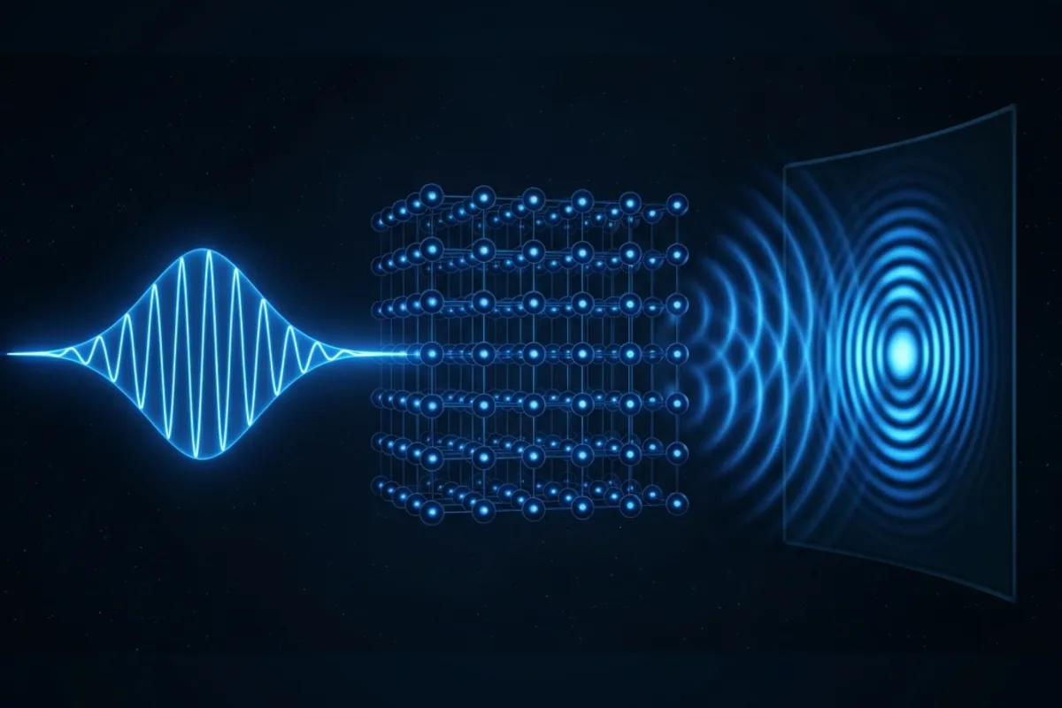 An electron visualized as a traveling wave packet with a specific wavelength, diffracting around a crystal lattice and producing a visible interference pattern of concentric rings on a detector behind it