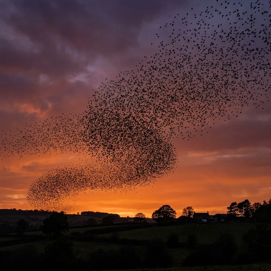 Starling murmuration forming a swirling organic shape at dusk