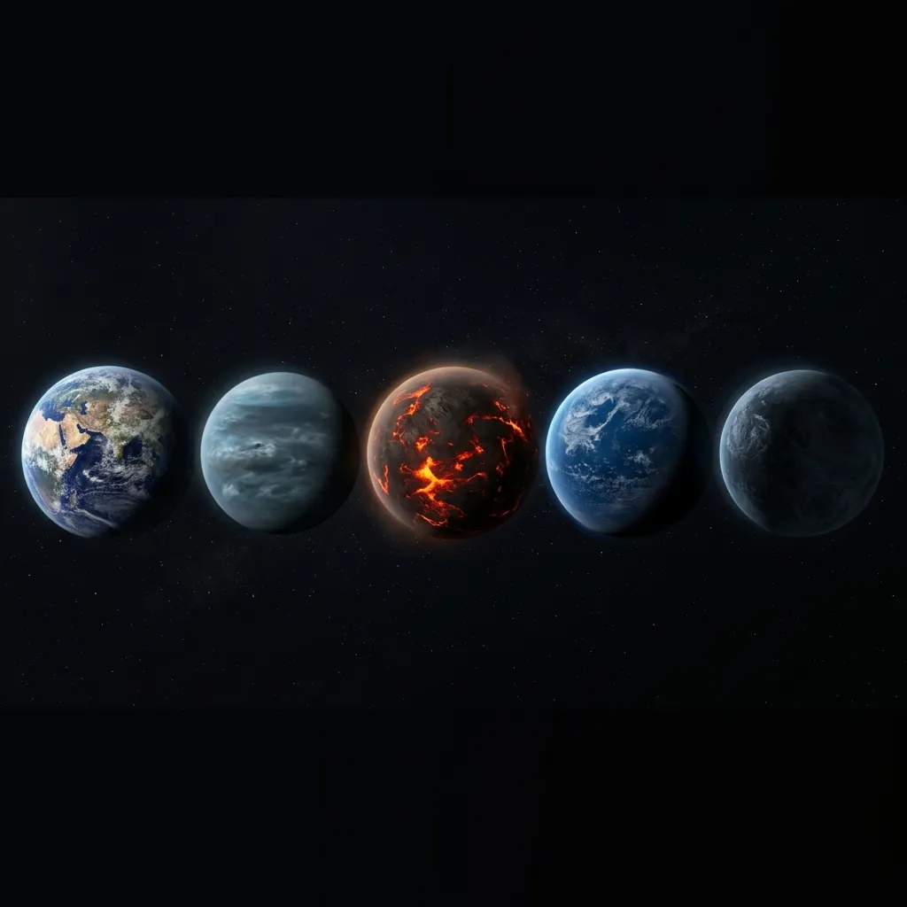 A lineup of diverse worlds to scale against Earth on a black background - a super-Earth, a mini-Neptune, a lava world glowing on its dayside, an ocean-covered planet, and a dark starless rogue planet