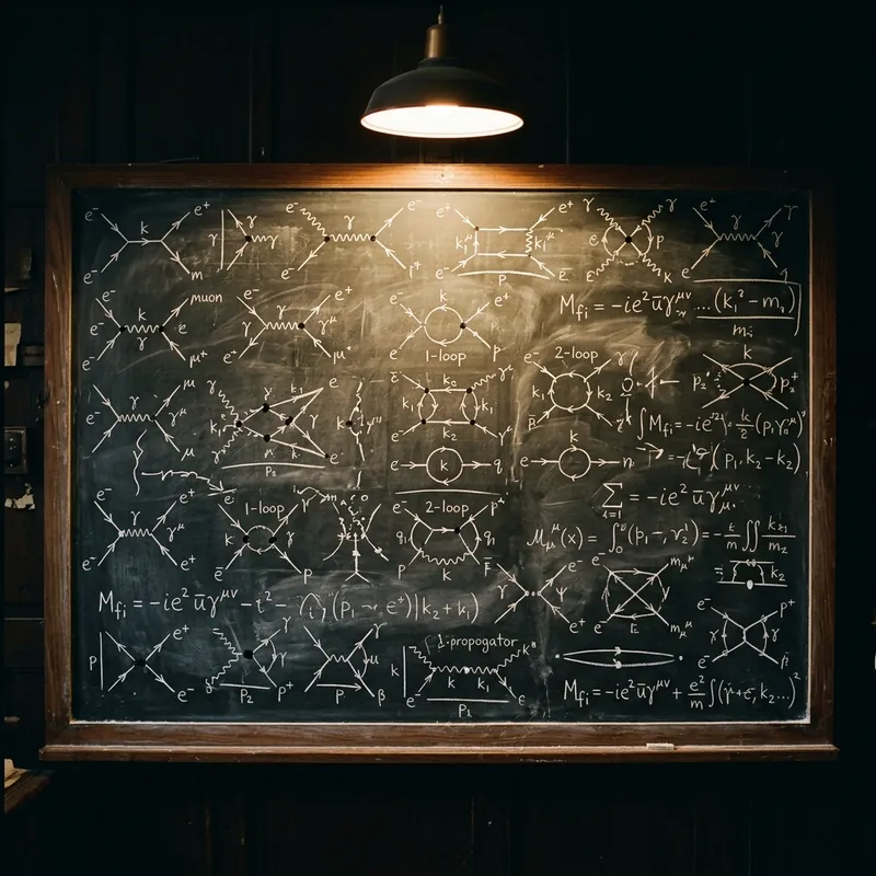 Richard Feynman at a blackboard covered with diagrams