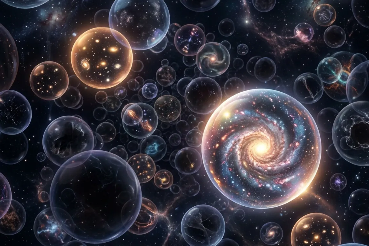 Countless translucent bubble universes floating in a void, one highlighted with a spiral galaxy representing our universe