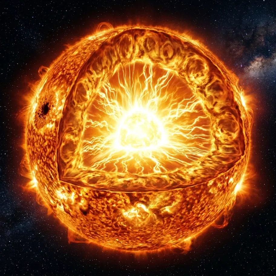 Cross-section of Sun showing nuclear fusion reactions in core