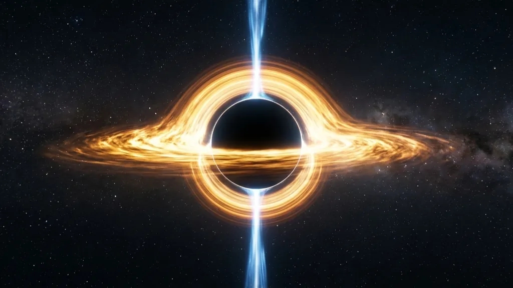 A central supermassive black hole surrounded by a hot accretion disk launching two narrow jets perpendicular to the disk plane