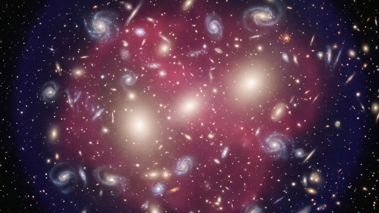 A rich galaxy cluster with hundreds of galaxies dominated by giant ellipticals at the center, with faint X-ray-emitting gas filling the spaces between