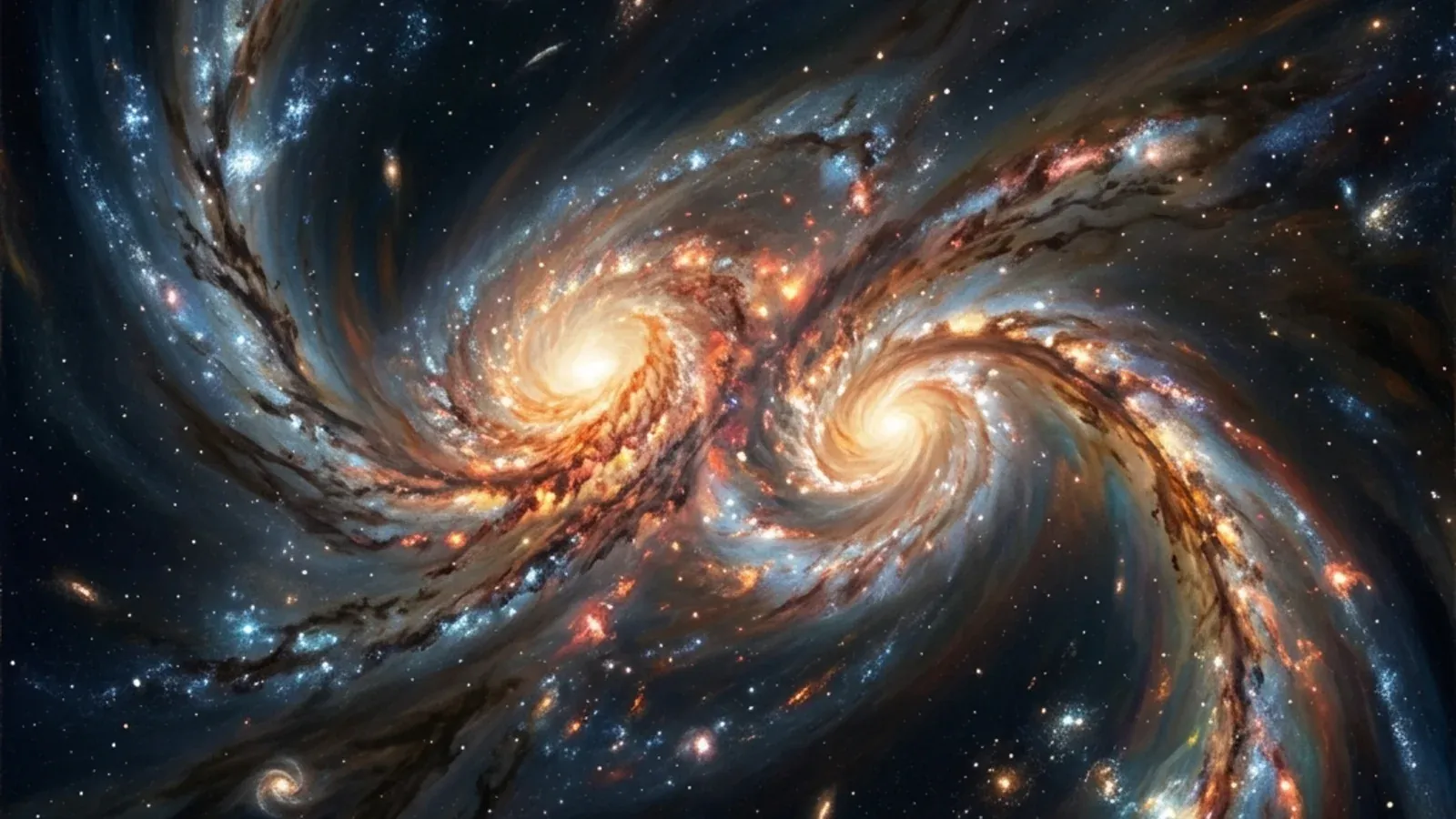 Two spiral galaxies in mid-collision with tidal streams flung outward and the cores spiraling toward each other