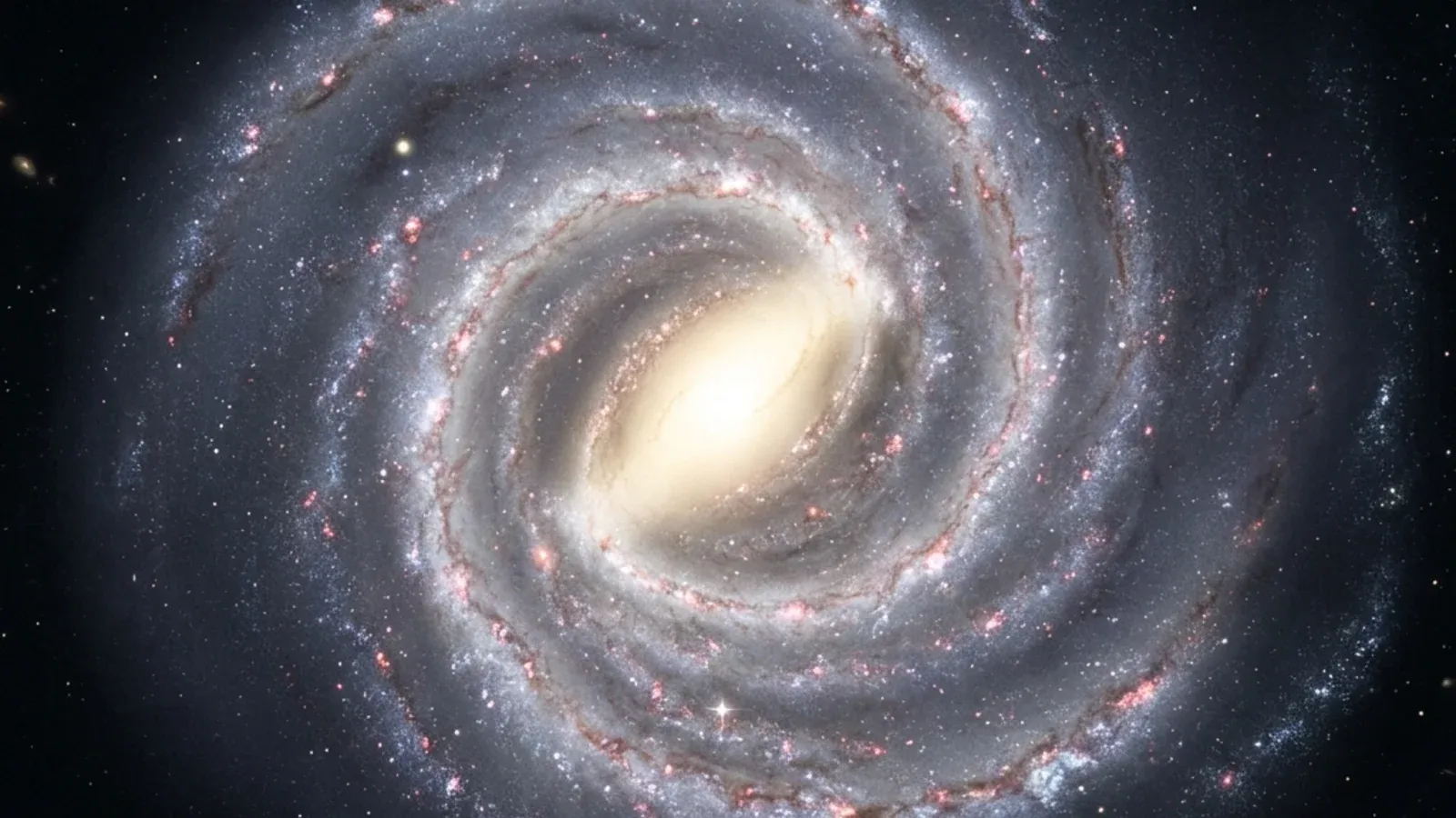 Face-on artistic visualization of the Milky Way showing its barred-spiral structure, the central bulge, and the Sun's position on the Orion Spur