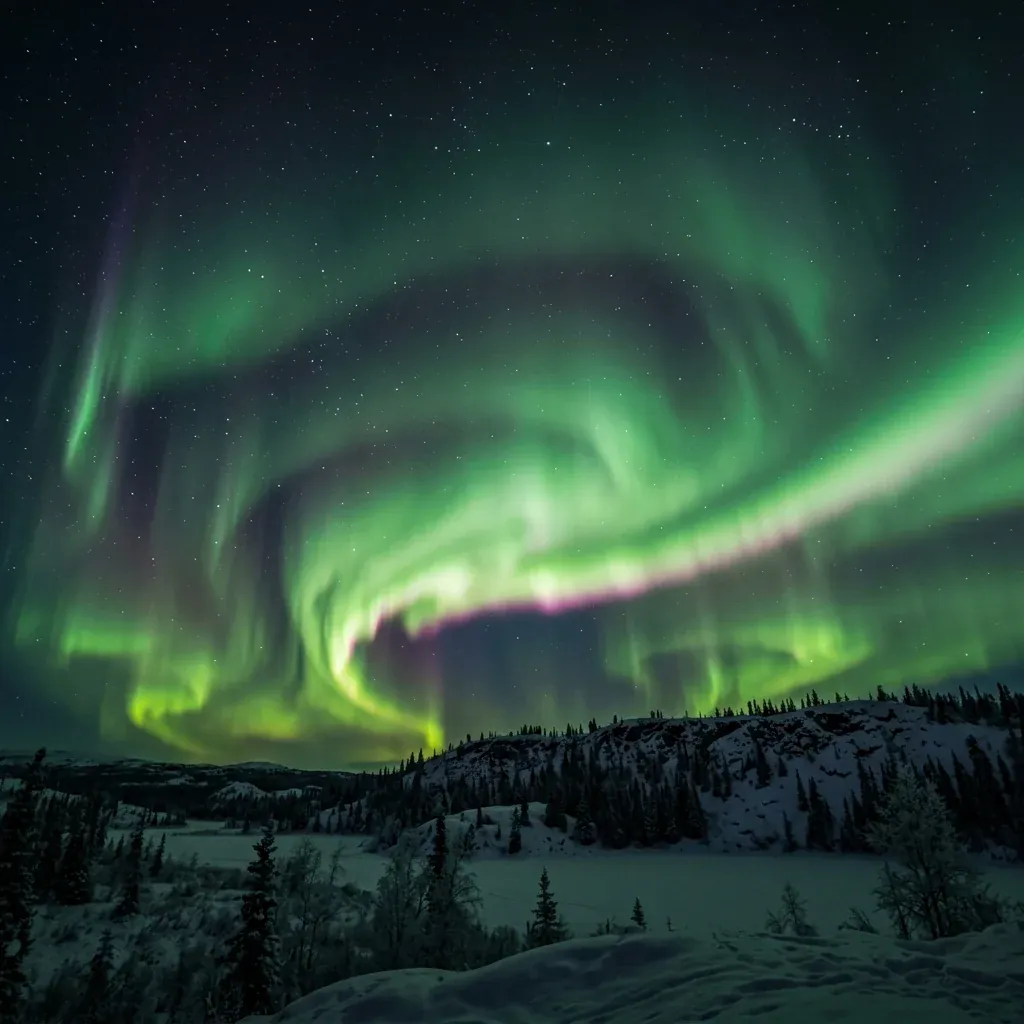Wide nightscape from a high latitude with undulating sheet-like curtains of luminous green aurora filling the upper two-thirds of the sky, violet and pink fringes at the lower edge, dark snowbound landscape silhouette below