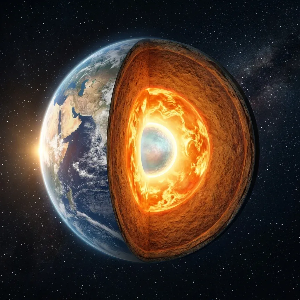 Cinematic cross-section of Earth showing four nested shells &ndash; thin rocky crust, golden mantle, glowing liquid outer core, solid white-hot inner core, with a faintly distinct innermost-inner-core ball at the center