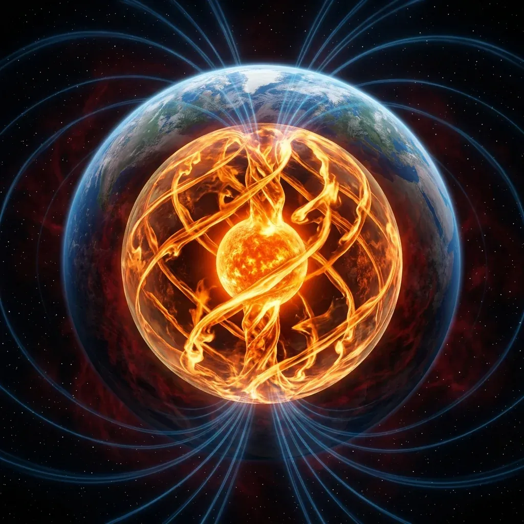 The Earth's outer core rendered as a translucent shell of liquid metal with bright orange-yellow streams spiralling in long Coriolis-twisted columns aligned with the rotation axis, blue magnetic-field ribbons emerging from the poles