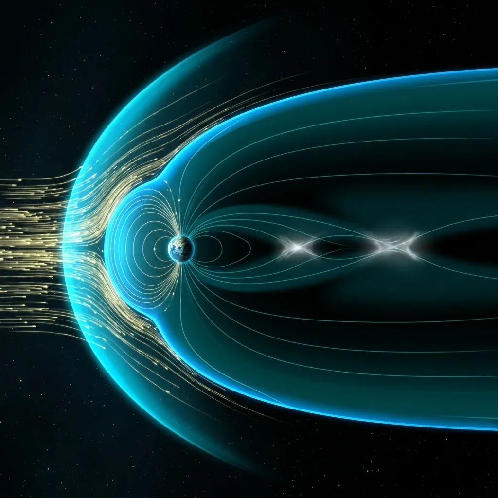 Earth inside its magnetosphere viewed from above the ecliptic &ndash; sunward side compressed into a curved bow shock with deflecting yellow solar wind particles, antisunward side stretched into a long teal magnetotail with faint reconnection pinch-points