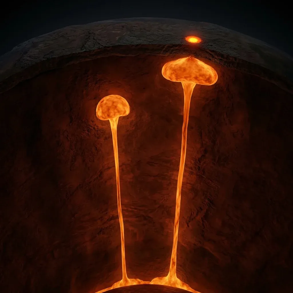 Sliced quarter-section of the mantle showing two tall, narrow, mushroom-headed plumes of glowing orange rock rising from the deep core-mantle boundary, ascending through the surrounding cooler reddish-brown mantle to spread out near the crust
