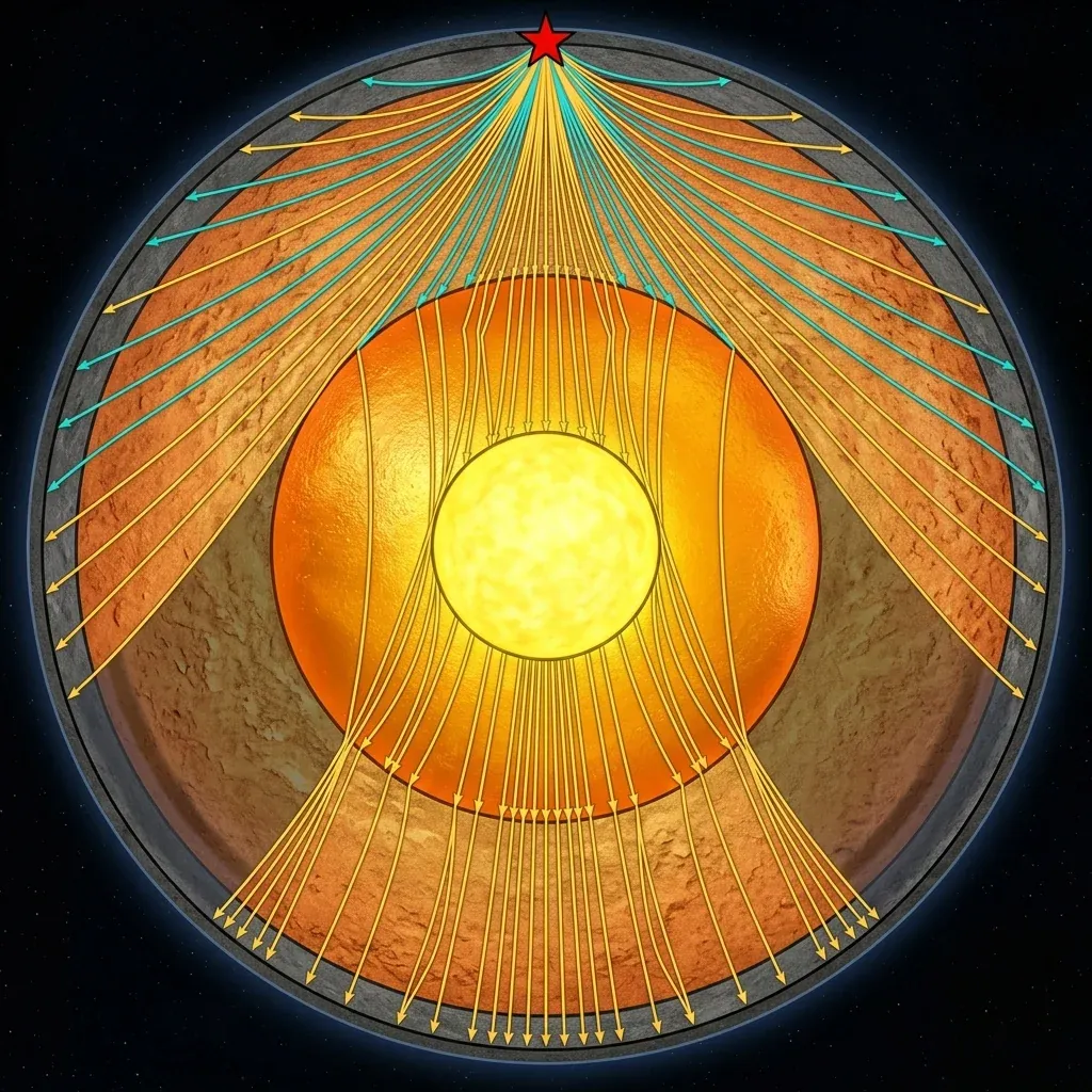 Cross-section of Earth with two families of waves spreading from an earthquake epicenter &ndash; warm yellow P-waves refracting through every layer, turquoise S-waves stopping at the outer-core boundary, and a faint shadow zone arc on the far surface where no waves arrive