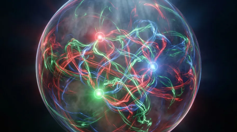Proton Interior Showing Quarks Surrounded by Gluon Field Energy