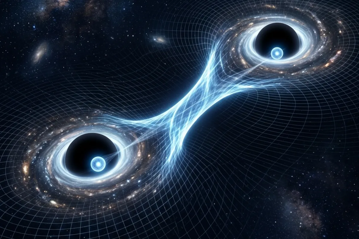 Two black holes connected by a wormhole through spacetime, with entangled particles at each end