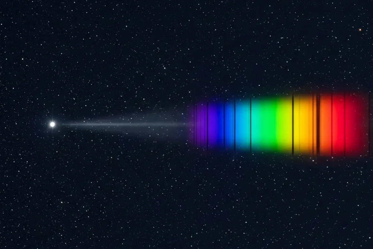 A beam of starlight dispersed through a prism into a spectrum with dark absorption lines at specific wavelengths