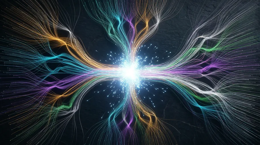 Streams of human knowledge converging into a central point of intelligence