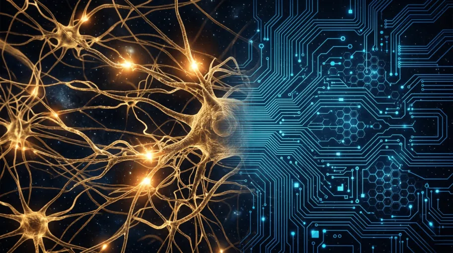Abstract split showing organic neural tissue transitioning into glowing digital circuitry