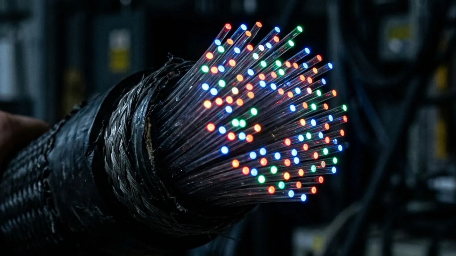 Glowing blue fibre-optic cables transmitting data