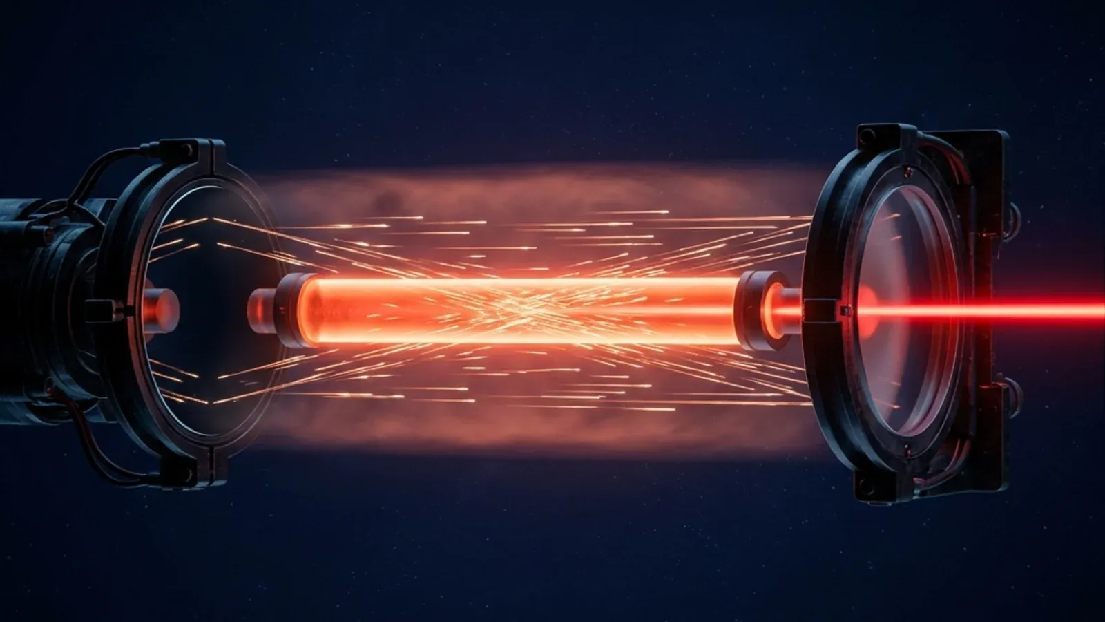 Schematic of a laser cavity: a long glowing rod of laser medium between two mirrors, with photons bouncing back and forth and a coherent beam emerging through the partially-transparent right-hand mirror